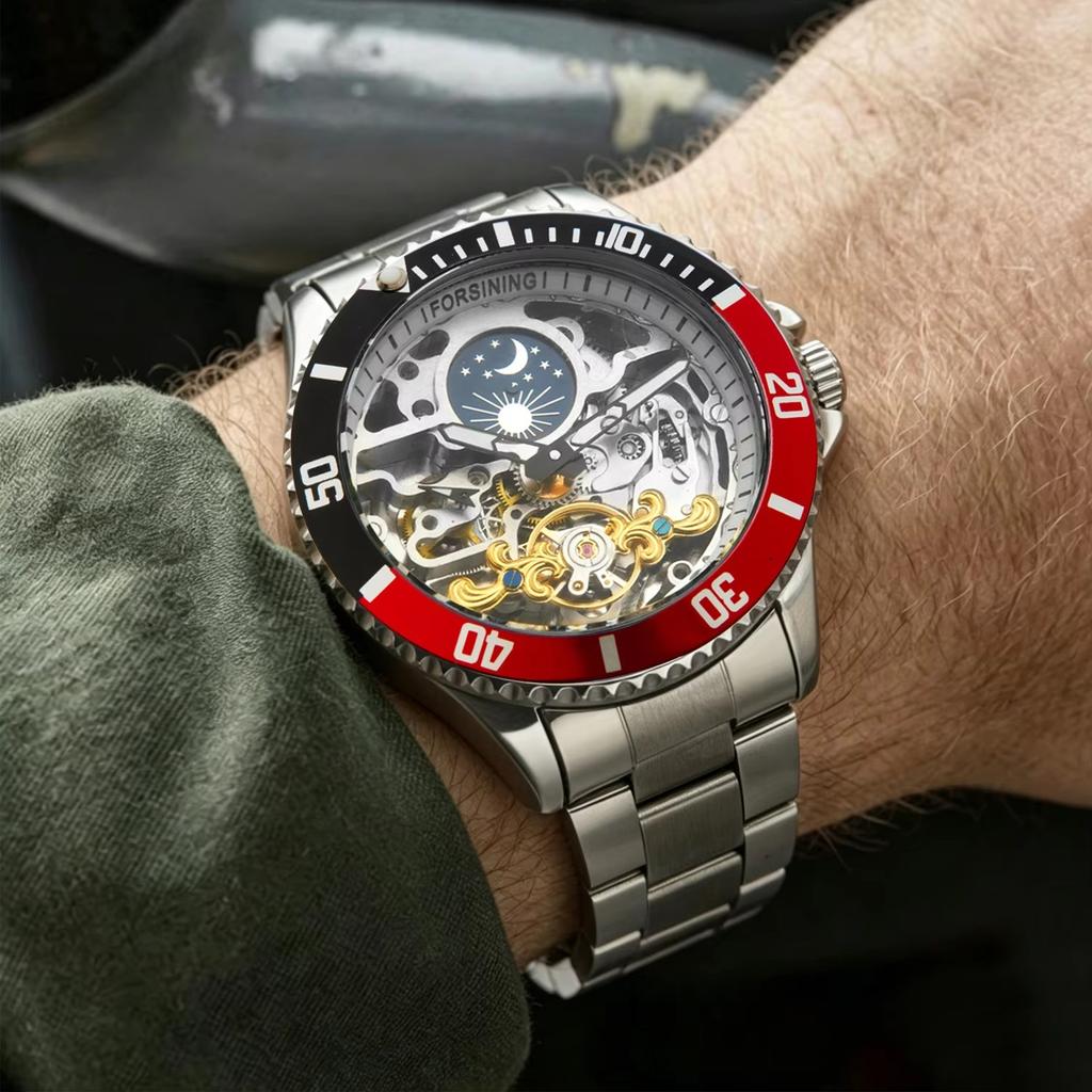 Forsining Luxury Mechanical Watch for Men Moon Phase Rotating Bezel Tourbillon Skeleton Automatic Watches