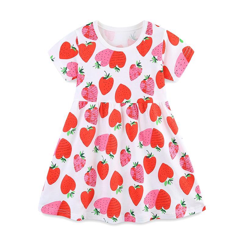 European-Style Girls  Summer Princess Dress - Cute Strawberry Print, Short Sleeve 5Y