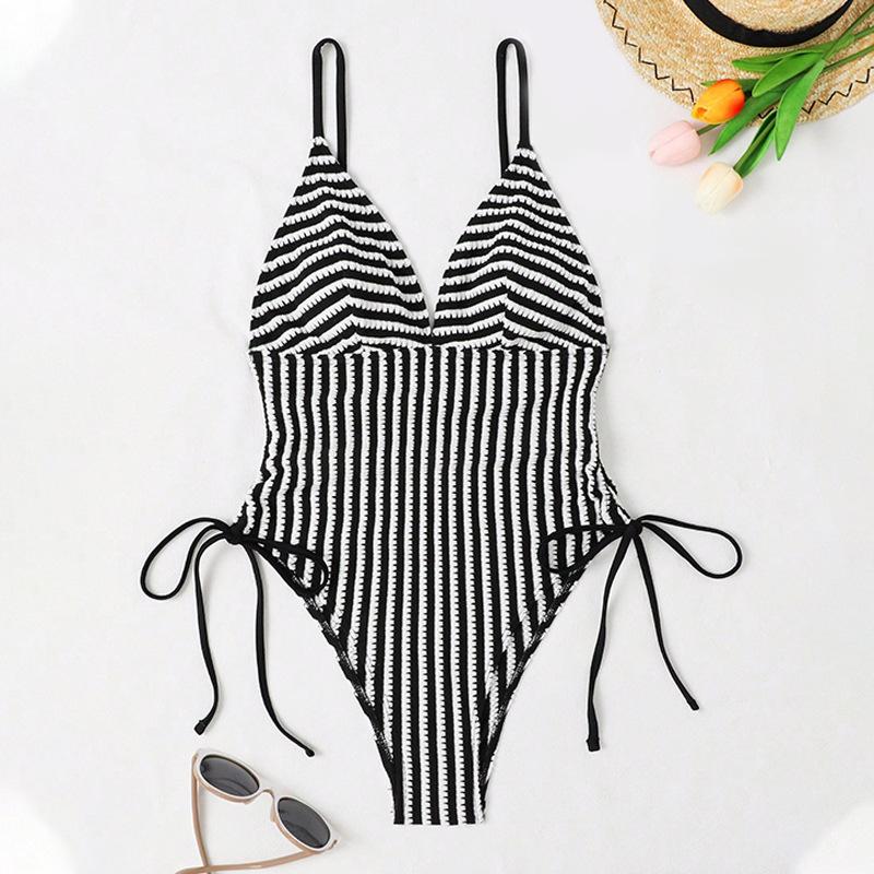 Women One Piece Set Swimsuit Striped Print Backless Puch Up Sexy Women's Swimwear Bandage Ruched Female Bathing Suit Beachwear