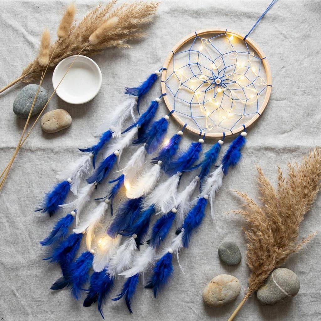 Cattura Sogni in Legno Artigianale con Luce LED - Grande 7 pollici, Appeso a Parete Stile Boho Rustico, Decorazione Camera da Letto Soggiorno, Blu