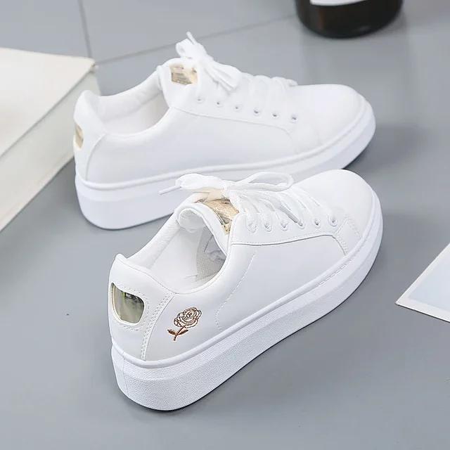 Women Leather Pu Casual Shoes New 2025 Shoes Fashion Embroidered White Sneakers Breathable Flower Lace-Up Sneakers