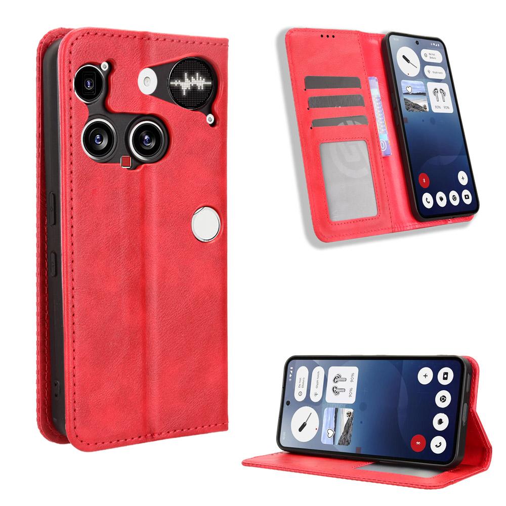 

For Nothing Phone (3) 5G Leather Case Wallet Stand Retro Texture Phone Cover Red