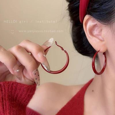 2025 Trendy Retro Hong Kong Ankola Red Hoop Earrings for Women - High-End Autumn & Winter Style