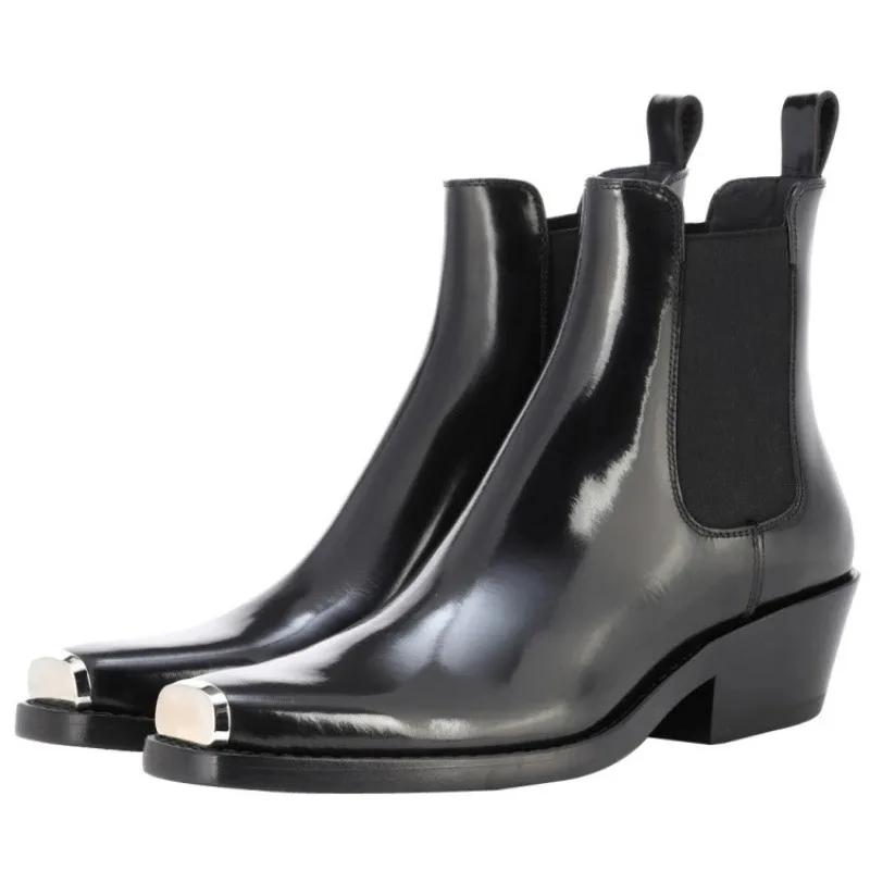 Fashion Autumn Winter Mixed Color 4.5cm Low Heel Metal Head Cowhide Short Boots Men's and Women's Universal Genuine Leather Ankle Boots