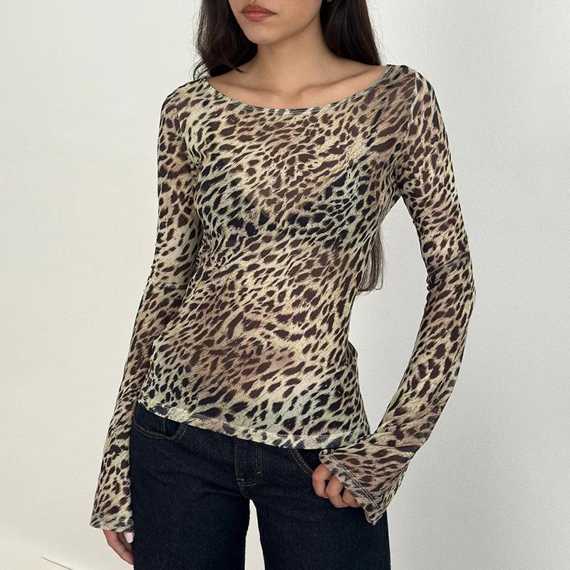 Off-Shoulder Floral Animal Print Slimming T-Shirt for Summer and Autumn