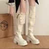 Versatile and thin thick-soled leather boots, fold two, wear knight boots, women's autumn and winter fashion Korean version of thick-heeled boots, kne