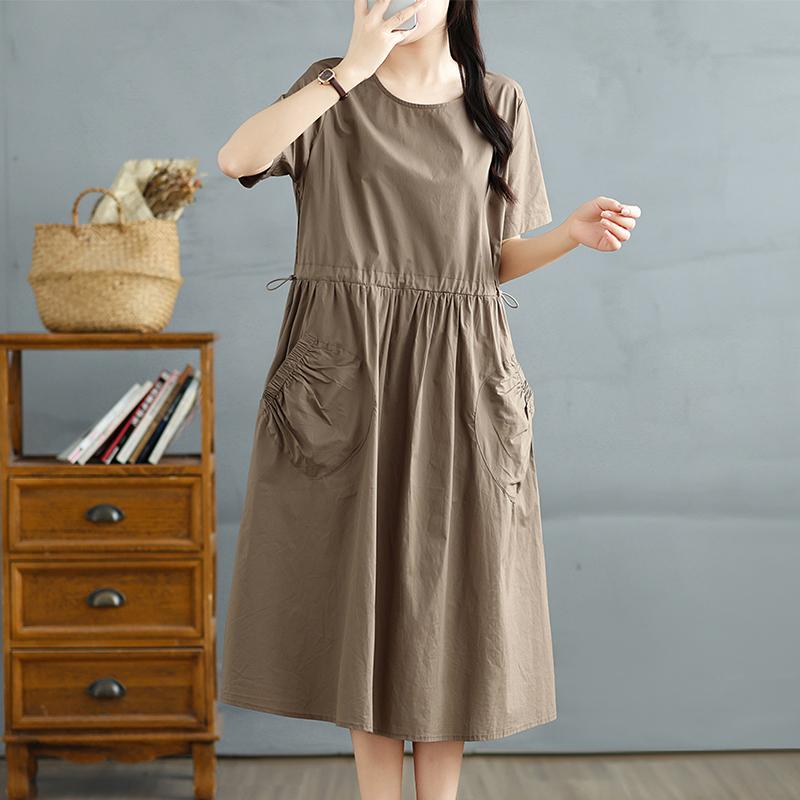 

DIMANAF New 2025 Plus Size Summer Dress Women Basic Solid Casual Short Sleeve Dress Loose Pockets XL света кофе