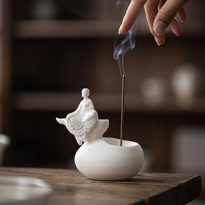White Buddha Incense Burner Ceramic Tray Chinese White Porcelain Statue Incense Holder Meditation & Aromatherapy Decor