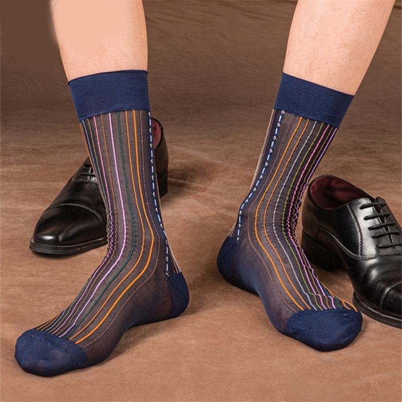 Men's Stylish Colorful Striped Dress Socks Thin and Breathable Fabric Business Socks for Office Wear and Formal Occasion