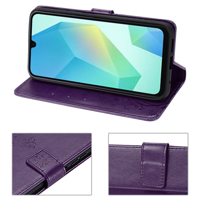 Hülle für Samsung Galaxy A16 5G/4G - BOOLING - Stoßfestes Kunstleder Dunkellila Schmetterlingsmuster