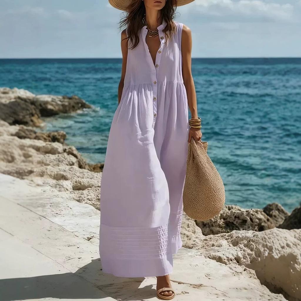 New European and American holiday style fashion casual big v-neck sleeveless big swing dress