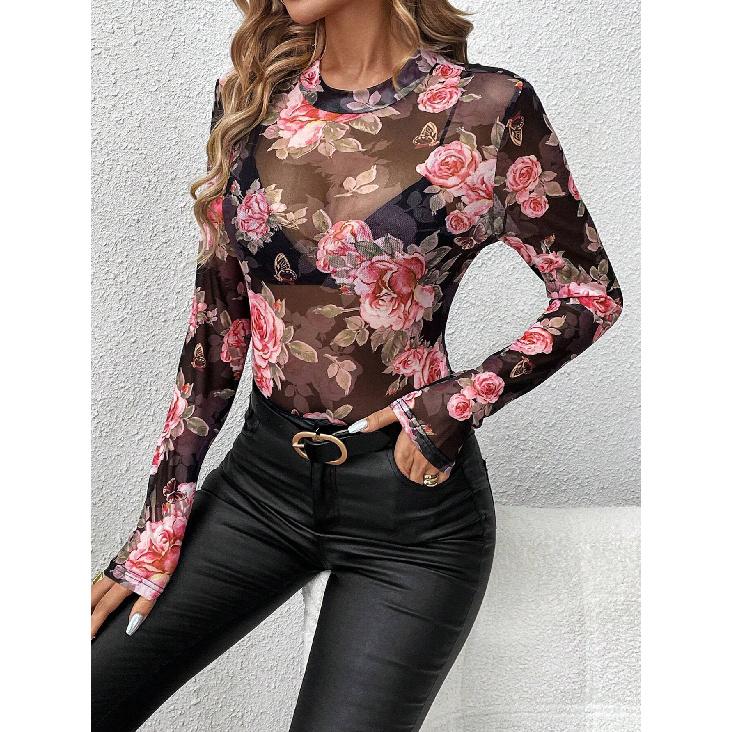 2026 Spring/Summer New Women s Rose Floral Print Round Neck Mesh Slim Fit Long Sleeve Top S