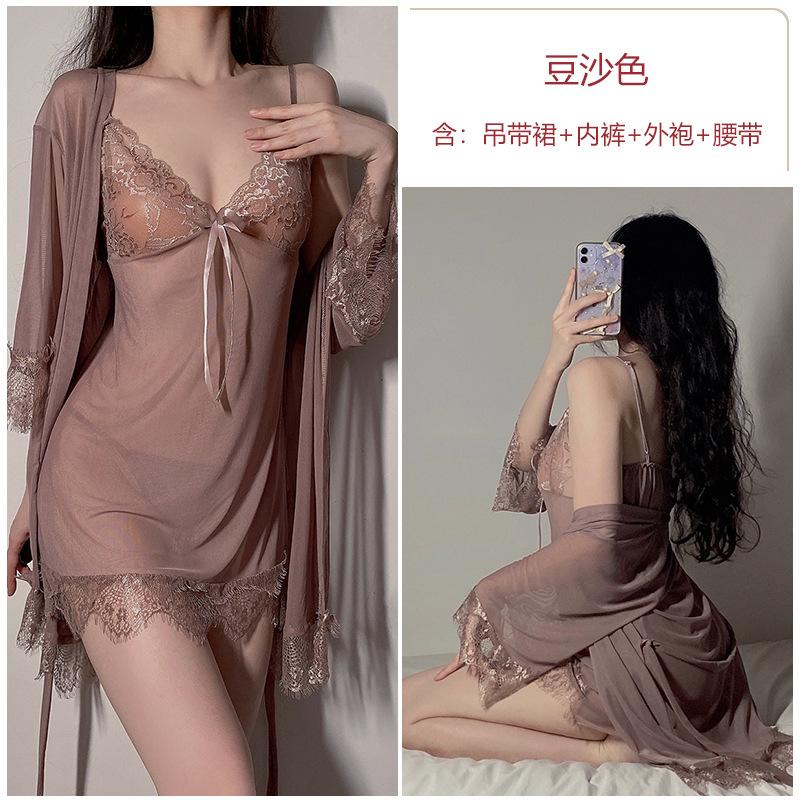 Sex Underwear Sexy Lace Seduction Suspender Robe Loungewear Mesh Hollow Perspective Large Size