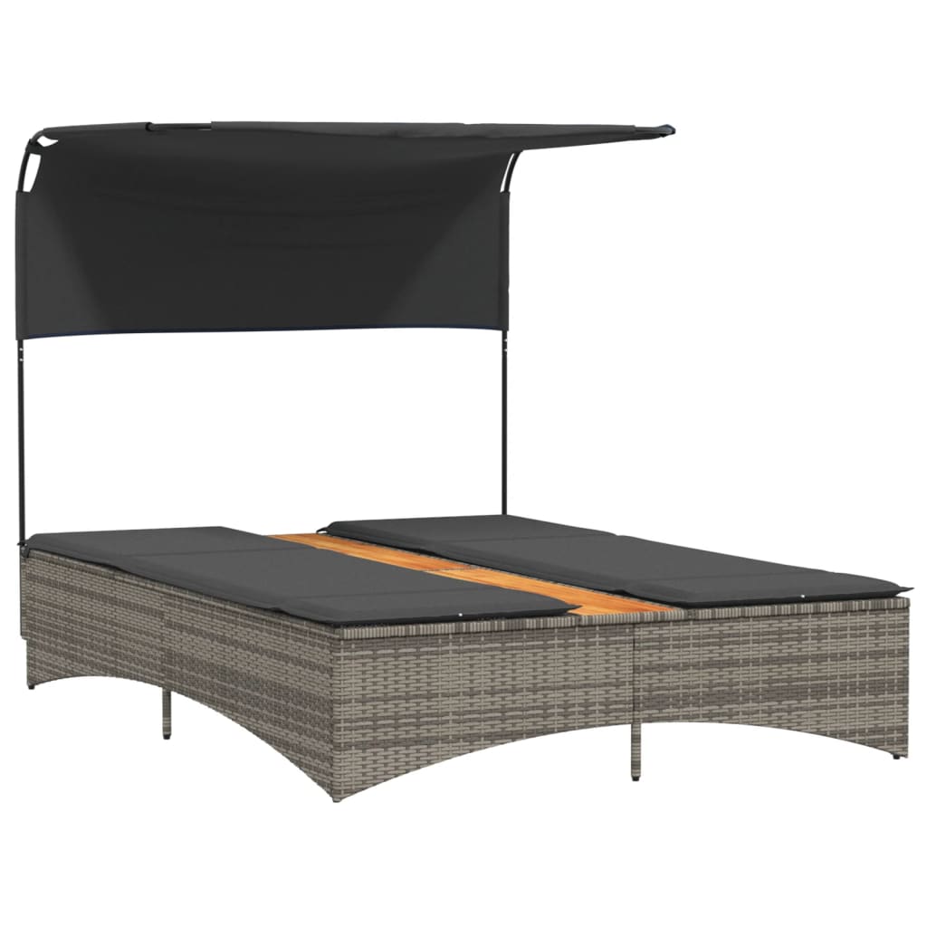 Vidaxl Double Sun Lounger with Canopy and Cushions, Grey, Rattan