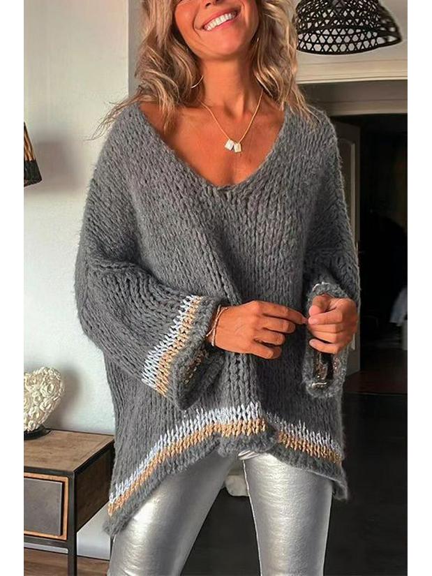 Gold & Silver Thread V-Neck Slimming Sweater - European & American Style