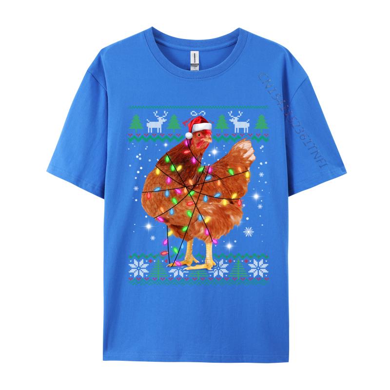 Ugly Christmas Chicken Santa Hat Lights Sweater Xmas T-Shirts Natural Cotton Man Fashion T-Shirt Chicken Santa T-Shirts Casual