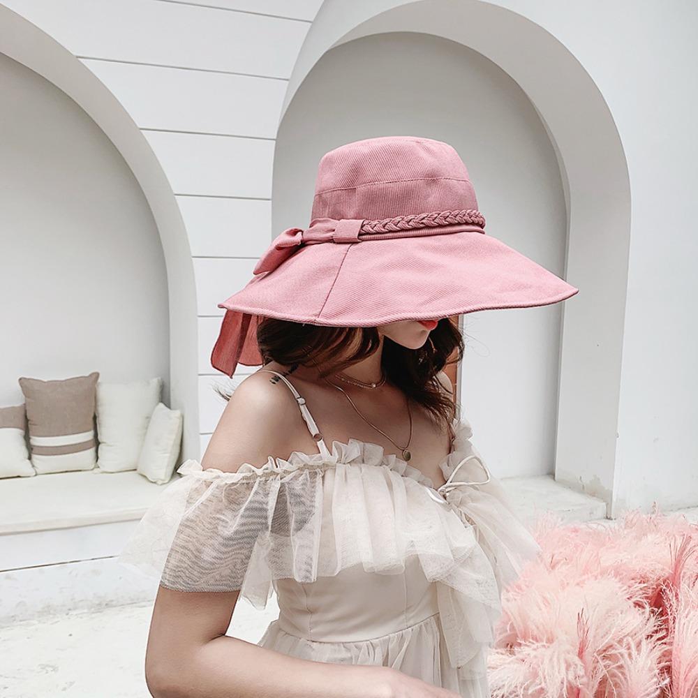 with Bowknot Bucket Hat Wide Brimmed Sunscreen Visor Cap Basin Hat Fishman Hat  Vacation