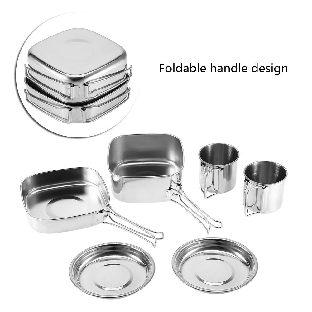 Set 6 Piese Vase Portabile din Oțel Inoxidabil Camping Picnic Exterior Tigaie Oală Farfurie Cană