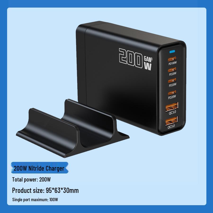 200W GaN Multi-Port Charger for Apple Laptops: 6-Port PD Fast Charging Plug 200W 2A+4C Black