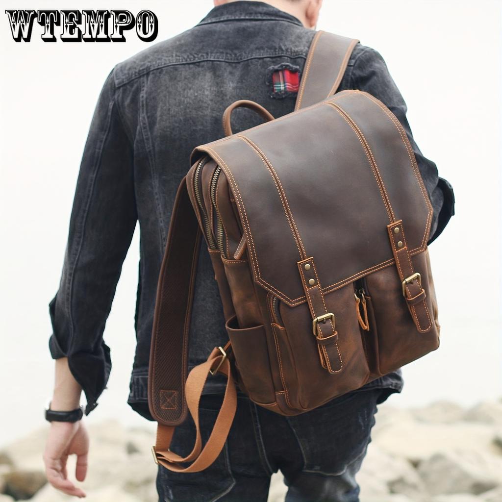 Vintage-Style Genuine Leather Backpack - Large Capacity, Adjustable Straps for Travel & Laptop Storage, Deep Brown