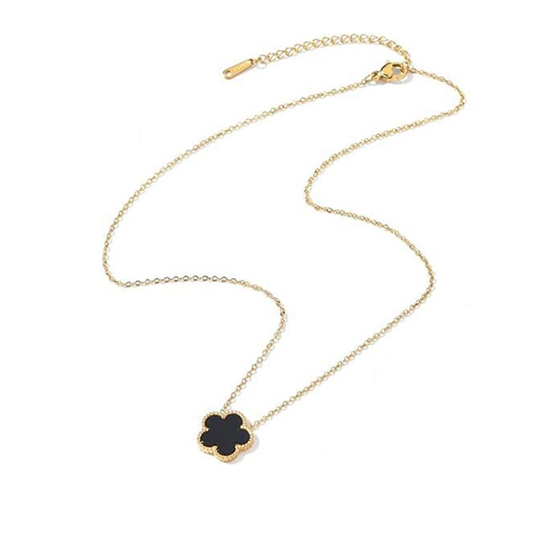 Collier en Acier Inoxydable Plaqué Or 14K Femme Cinq Pétales de Feuille Colliers Double Face pour Femmes Pendentif Fleur Trèfle Bijoux