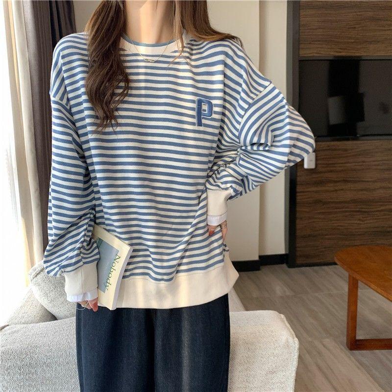 Long Sleeve Striped Hoodie Women Loose Casual Lazy Style Top
