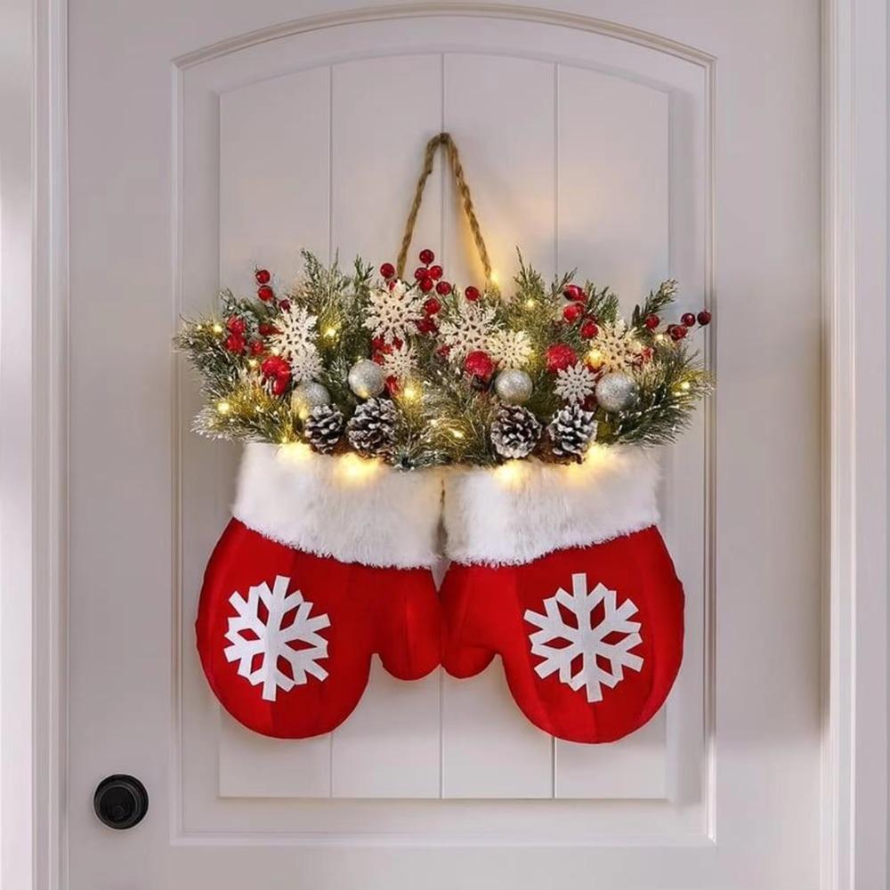 with LED Lights Christmas Mitten Wreath Artificial Berries Christmas Door Garland  New Year