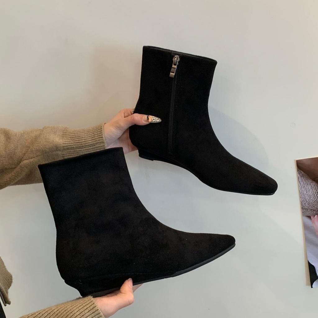 Square head slope heel short tube side zipper thin boots women's autumn new temperament retro low heel fashion boots
