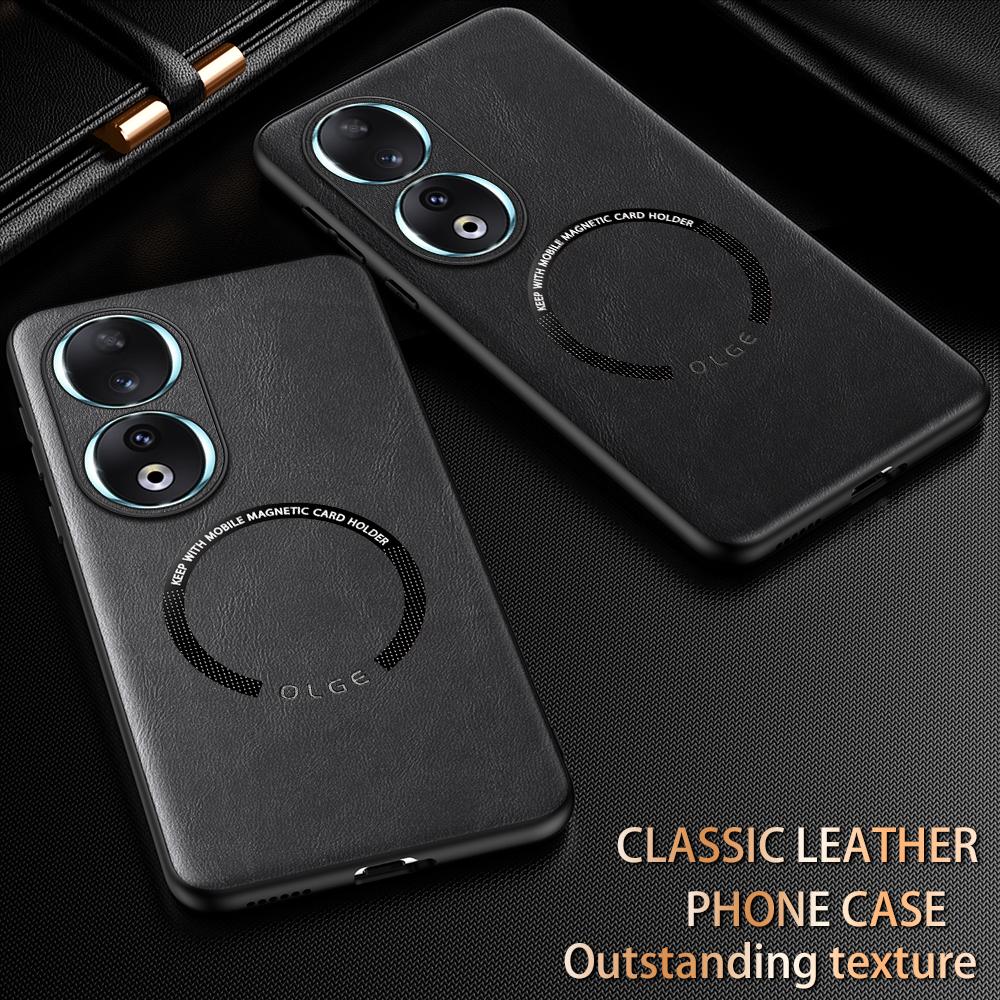 For Honor 90 90 Pro 90 Lite Fine Hole PU Cow Pattern Leather Outer Magnetic Ring Soft Edge Anti-Drop Anti-Fingerprint Phone Case