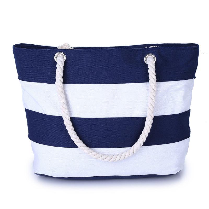 Cotton Rope Portable Canvas Bag Fabric Striped Shoulder Shopping Bag Large Capacity Practical Beach Splicing Shoulder Bag