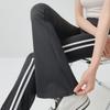 Women's Black High-Waist Flared Stripe Pants - Loose Fit, Bell-Bottom Style with Pockets for Spring and Autumn