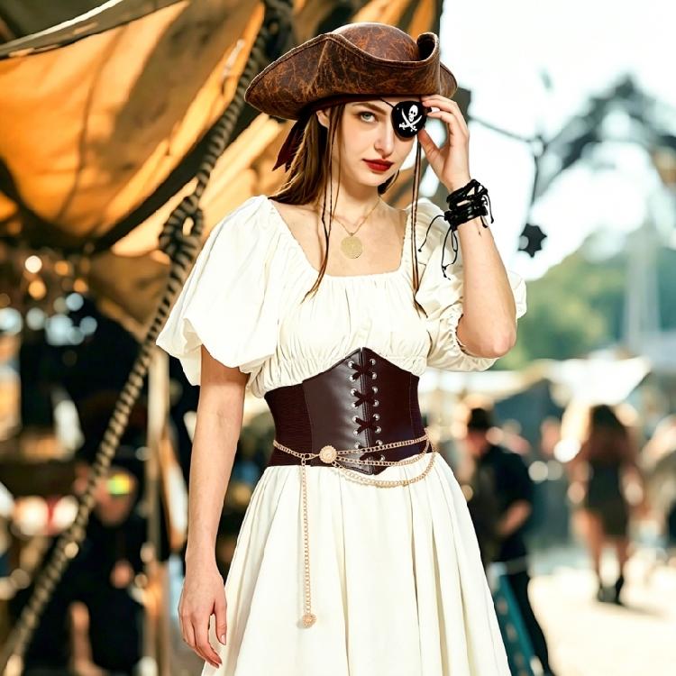 5 Stuks Halloween Piratenkostuum Accessoires Piratenhoed Middeleeuws Korset, Ooglapjes Ketting Tailleband voor Dames Meisjes