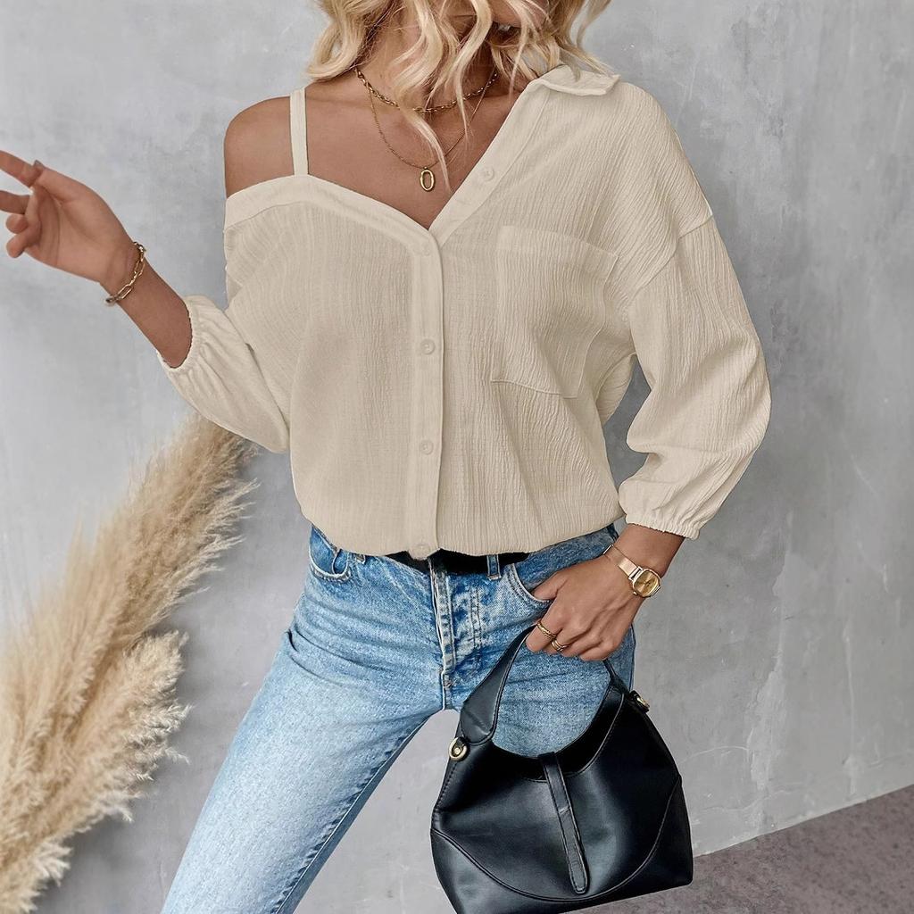 Spring and Summer Lapel, Three-quarter Sleeve, Off-the-shoulder Cardigan, Single-breasted Casual Shirt