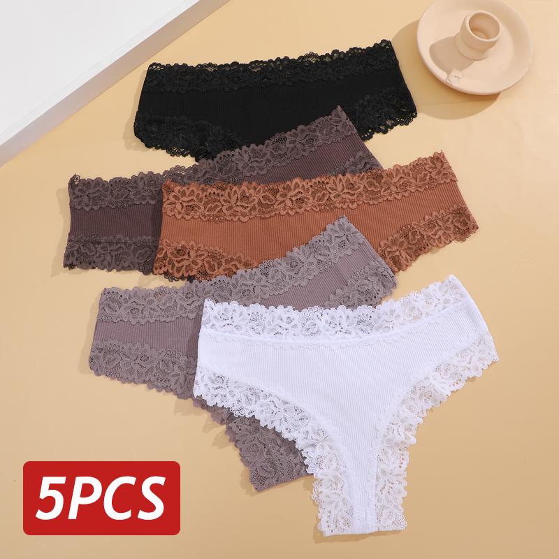 5 STÜCKE/Set Damen Spitze Nahtlose Baumwollslips Sexy Brazilian Hosen Gerippt Atmungsaktiv Mädchen Unterwäsche Weich Übergröße Dessous S-XL