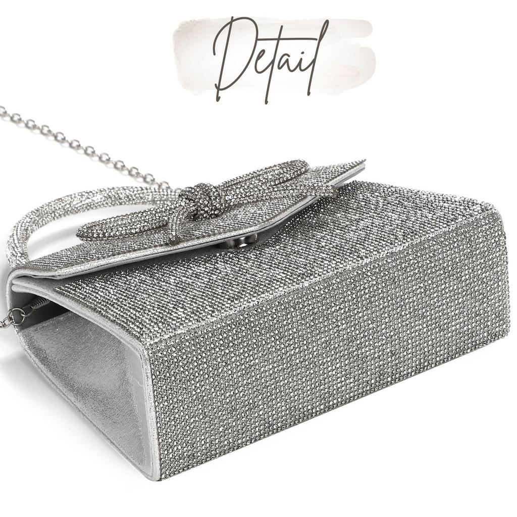 Harugio Sparkly Rhinestone Party Bag, Chain Bag, Women's, Small Mini Shoulder Bag, Handbag, Pouch, Ribbon, Silver, Stylish and Cute, Perfect for