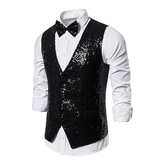 Men Suit Vest V-Neck Sleeveless Single Breasted Stage Show Waistcoat with Pockets Slim Fit Shiny Sequins Bow Tie Weddings Proms Vest