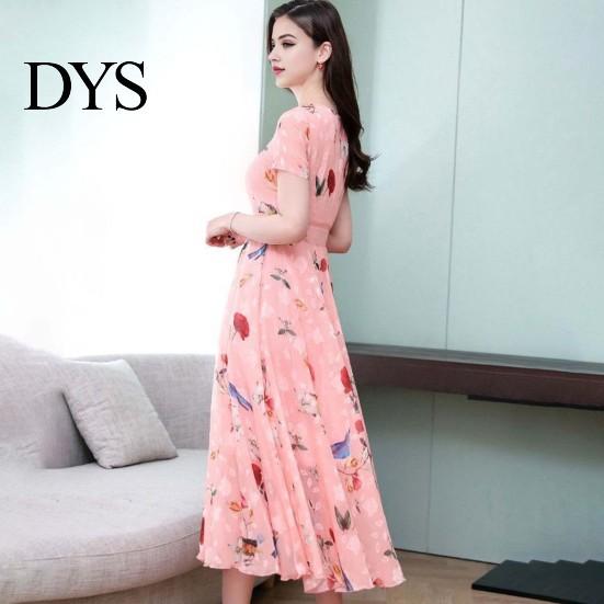 Lightweight Printed Dress Women Party A-line Big Swing Ice Silk O Neck Summer Short Sleeves High Waist Mid-calf Length Prom Dating Midi