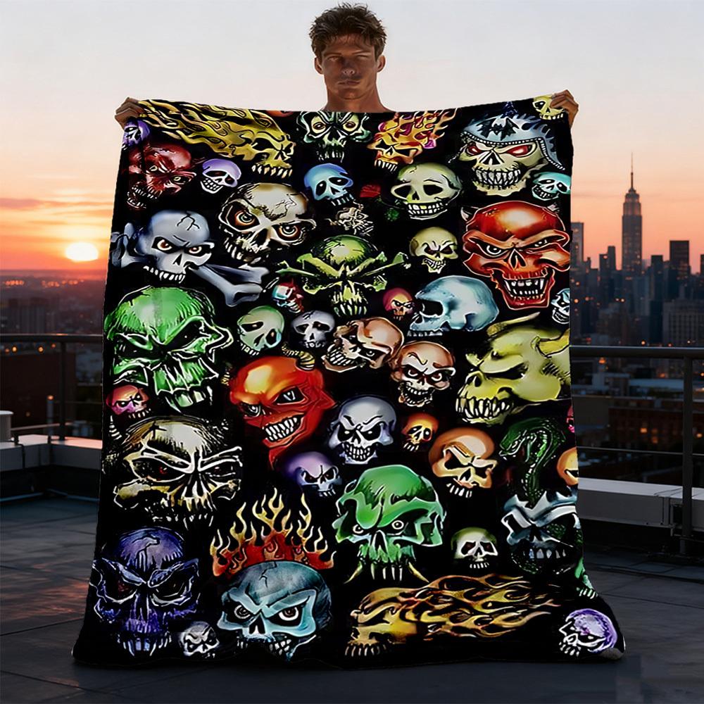 1pc Skull Print Outdoor Flannel Blanket Gift For Boys Girls Adults, Family Friends
