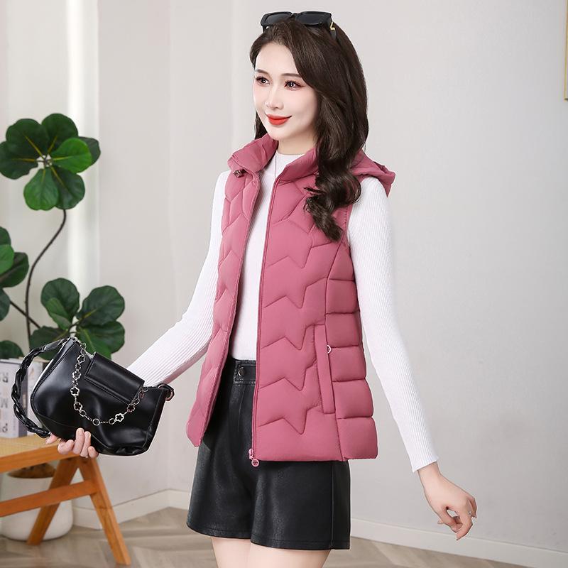 

Women s Slim Hooded Down Cotton Vest - Lightweight, Short, Sleeveless, Korean Style Winter Jacket. XL