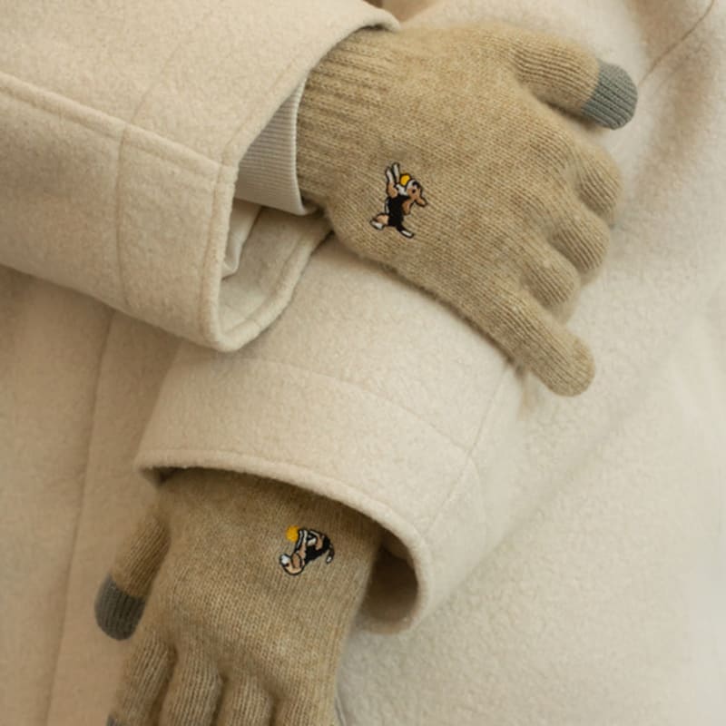 SNOOZY Beagle Embroidered Wool Knit Gloves Linen