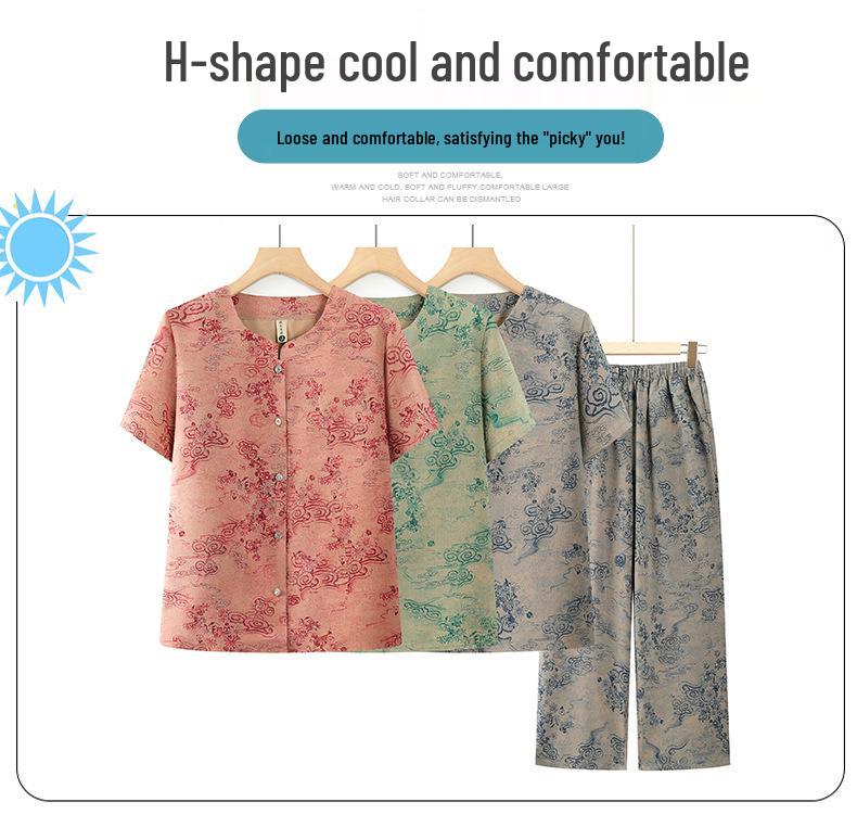Summer Plus-Size Two-Piece Stylish Set for Middle-Aged & Elderly Women with Short Sleeves