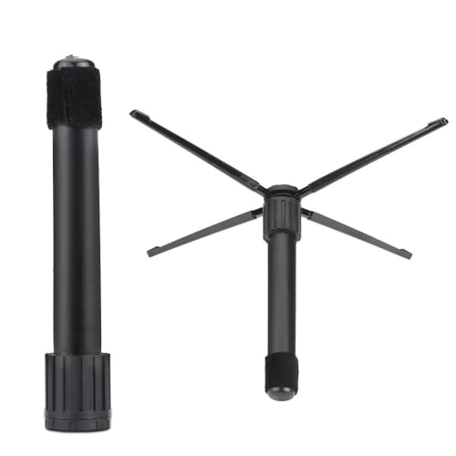 Foldable, portable, lightweight, metal and plastic stand for piccolo, flute, clarinet, and oboe instruments. Features four legs, holder, and storage.