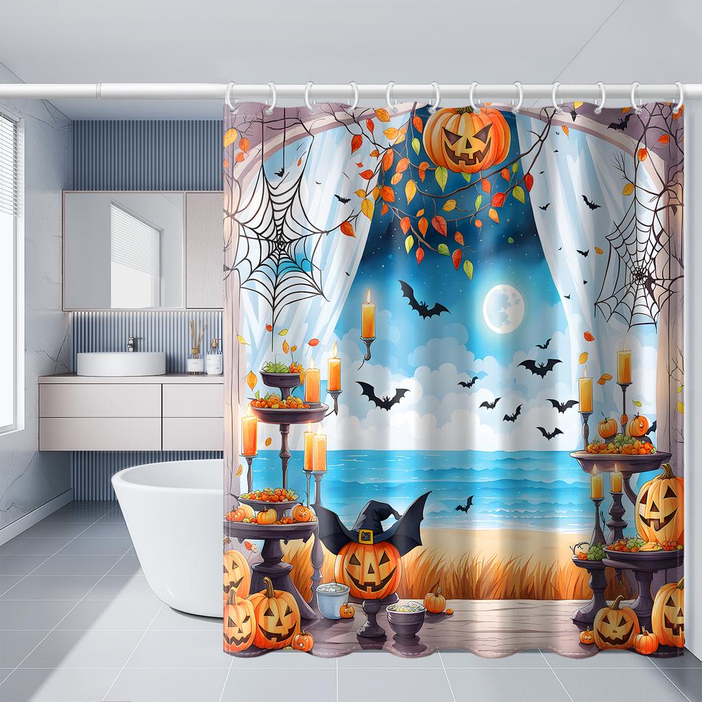 1pc Simulated Window Pumpkin Tree Halloween Bat Shower Curtain with Plastic Hooks, Decorated In Autumn and Winter Style