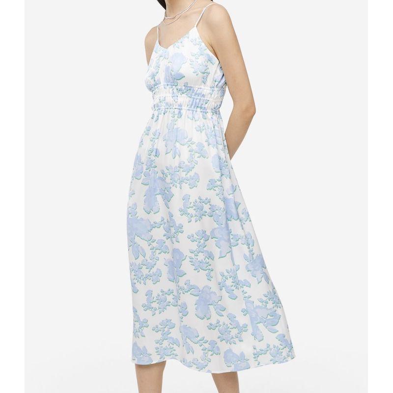 

Export Single H Home Tea Khaki Salt Lady Casual Holiday Elegant Exquisite Print Tihua Sling Waist-Tight Dress Blue Flower S