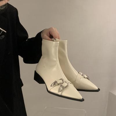Herbst Winter Damen Stiefeletten Mode Elegant Spitzschuhe Dicke Ferse Damen Morder Kurze Stiefeletten