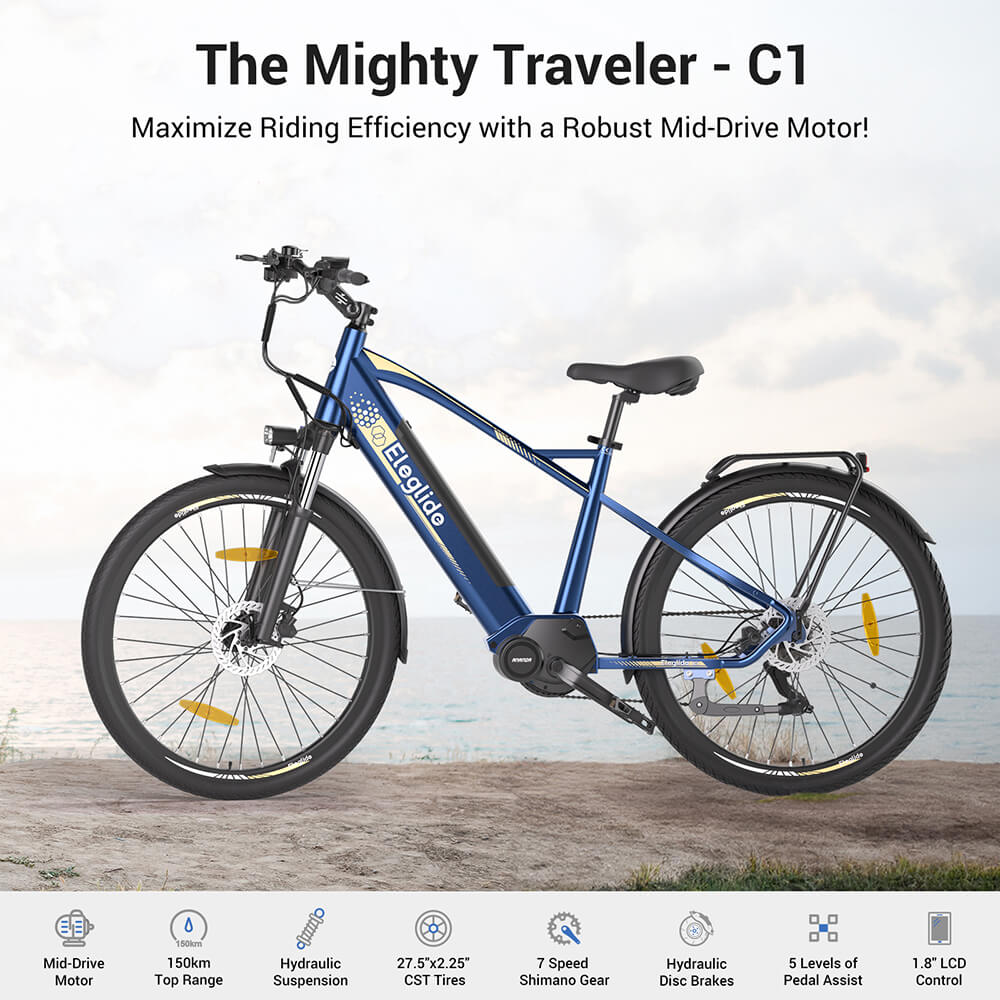 Eleglide C1 Trekking Bike with 250W Mid-Drive Motor, 27.5in Wheels, 522Wh Battery, 150km Range, Hydraulic Suspension & Hydraulic Disc Brakes (Blue)