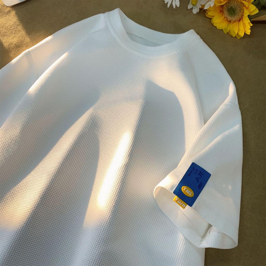 Men's Heavy Waffle Short-sleeved T-shirt, Summer Simple Loose Solid Color Hong Kong Style T-shirt