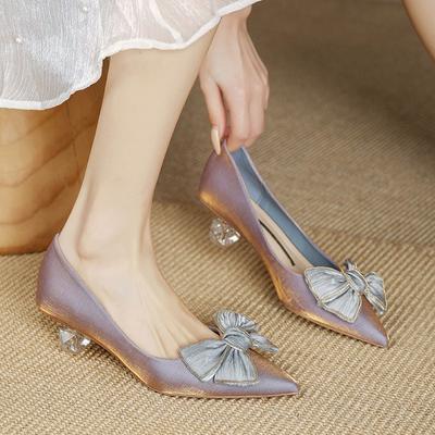 Designer High Heels Women's Elegant Satin Ribbon Bow Heels Bridal Wedding Shoes Transparent Heel Pumps Luxury Party Dress Shoes
