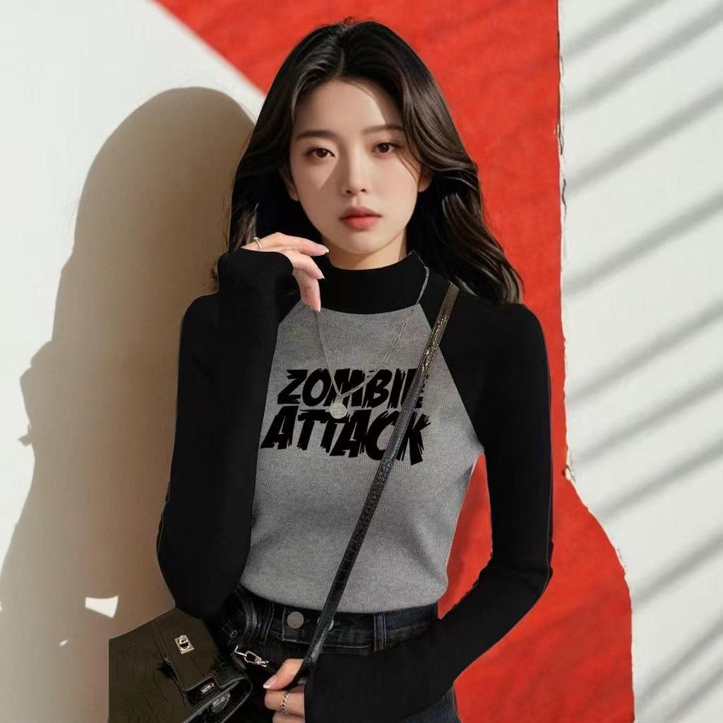 Women's Chic Velvet Raglan Color Block Slimming Long Sleeve Stand-up Collar T-Shirt