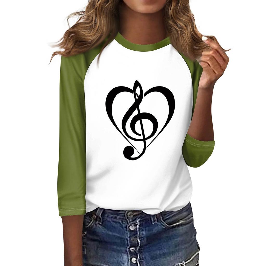 Damenmode Lässiges T-Shirt O-Ausschnitt Siebenärmel Bedrucktes Knopf-Top